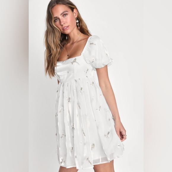 Lulus Dresses & Skirts - Lulus Devoted Darling White Embroidered Organza Babydoll Mini Dress
